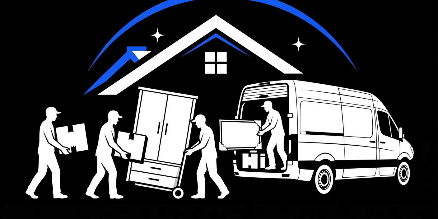 Zwei Mitarbeiter tragen gemeinsam Kartons aus einer Wohnung